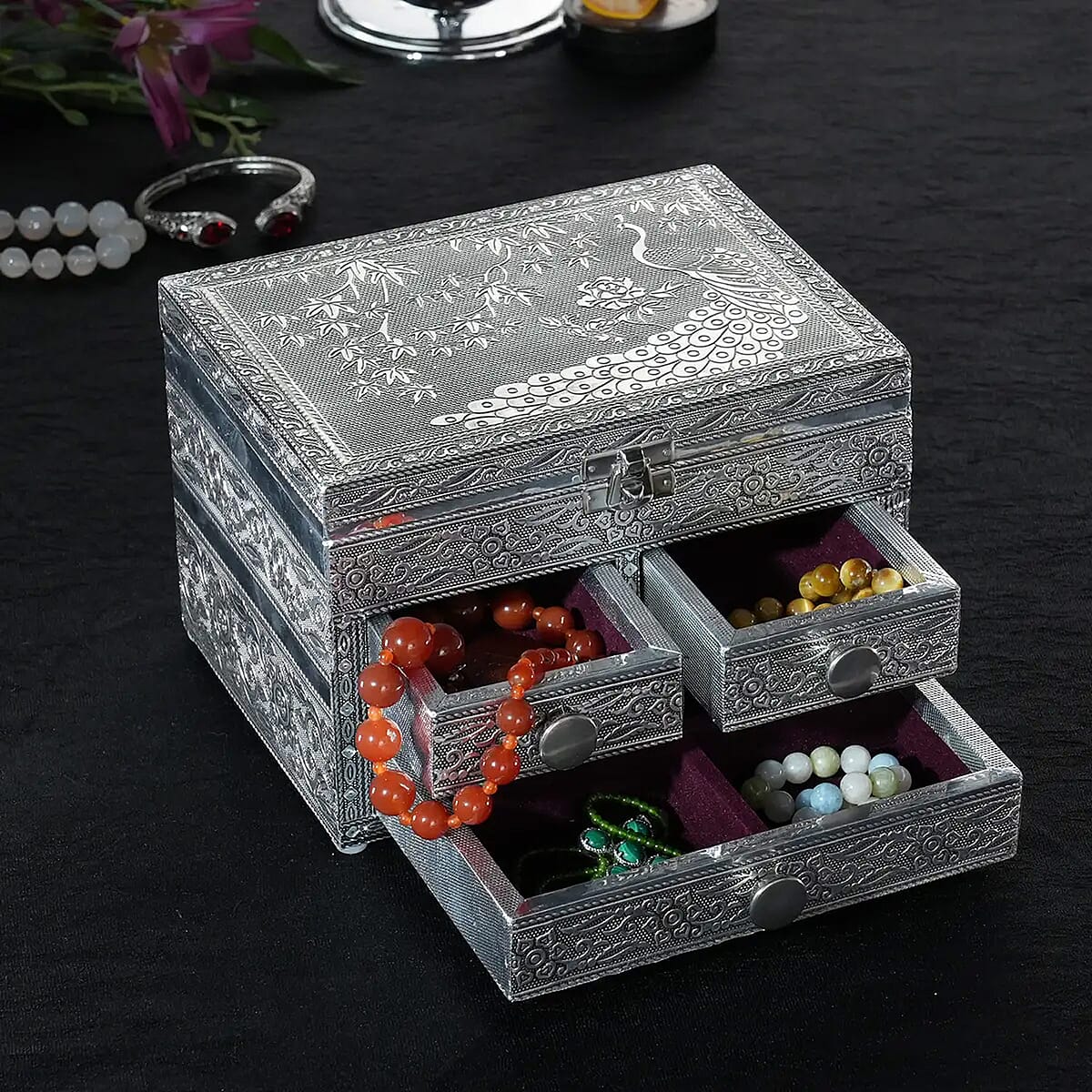 Oxidized Aluminum Peacock Embossed Grand 3 Drawer Jewelry Box image number 1