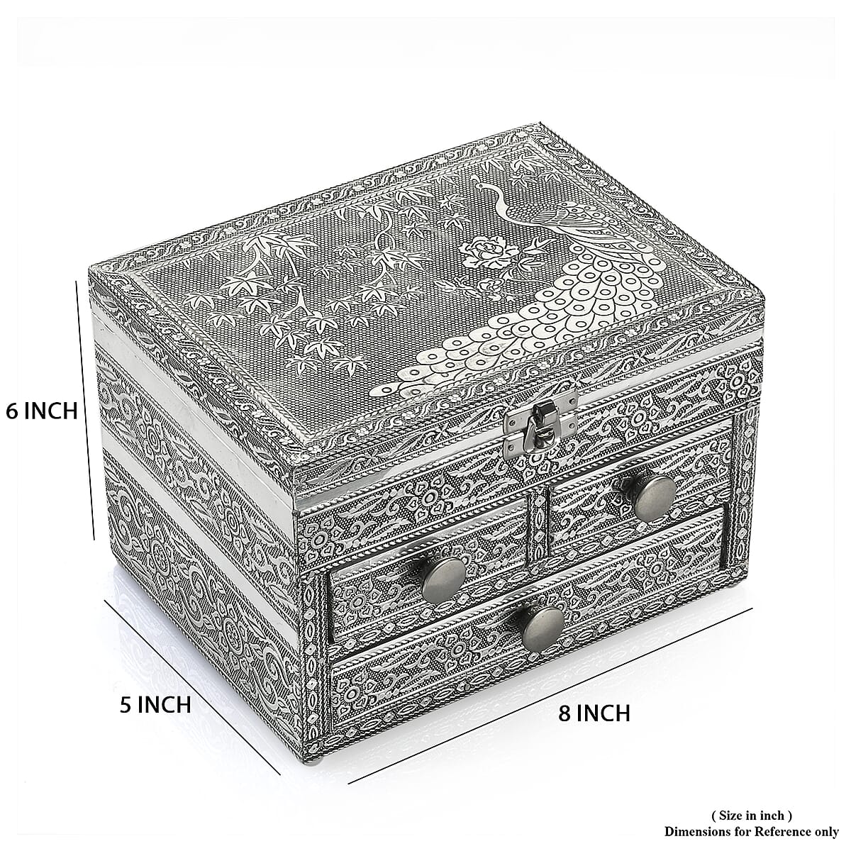 Oxidized Aluminum Peacock Embossed Grand 3 Drawer Jewelry Box image number 2