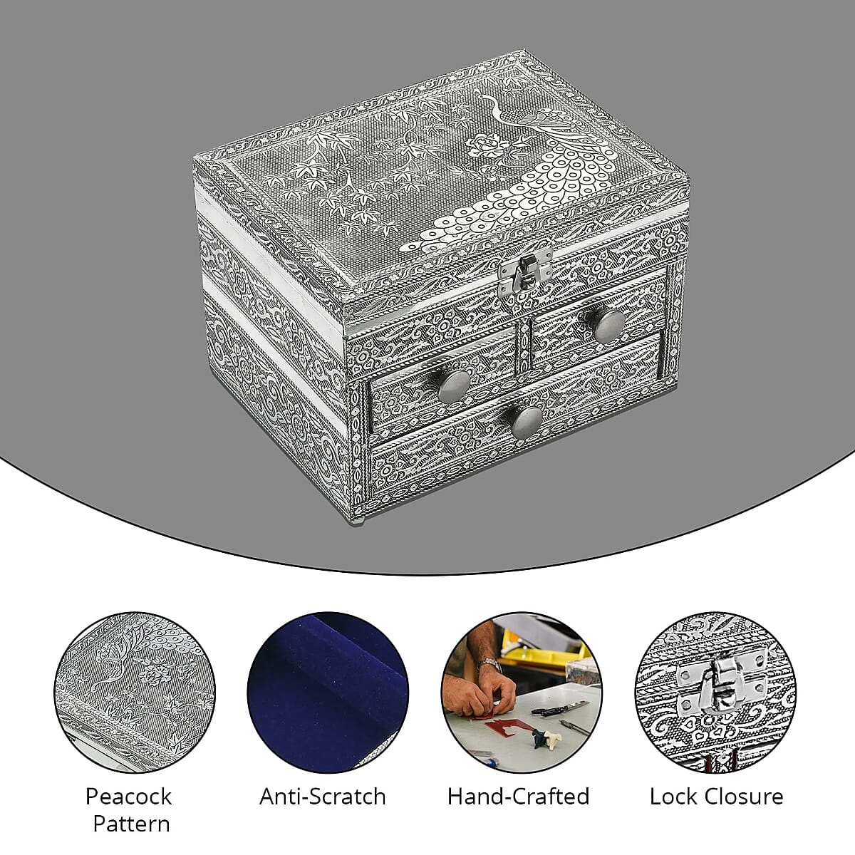 Oxidized Aluminum Peacock Embossed Grand 3 Drawer Jewelry Box image number 3