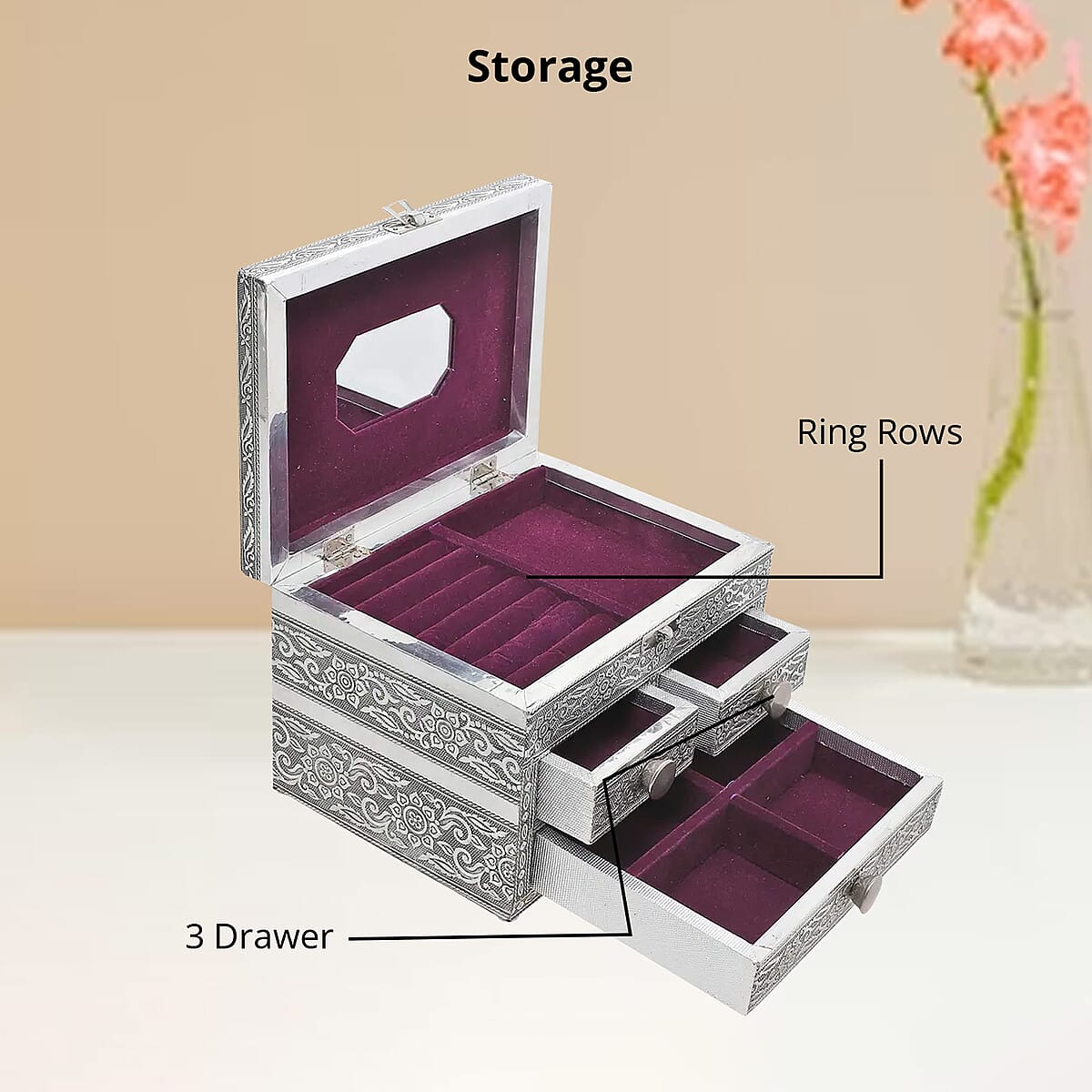 Oxidized Aluminum Peacock Embossed Grand 3 Drawer Jewelry Box image number 4