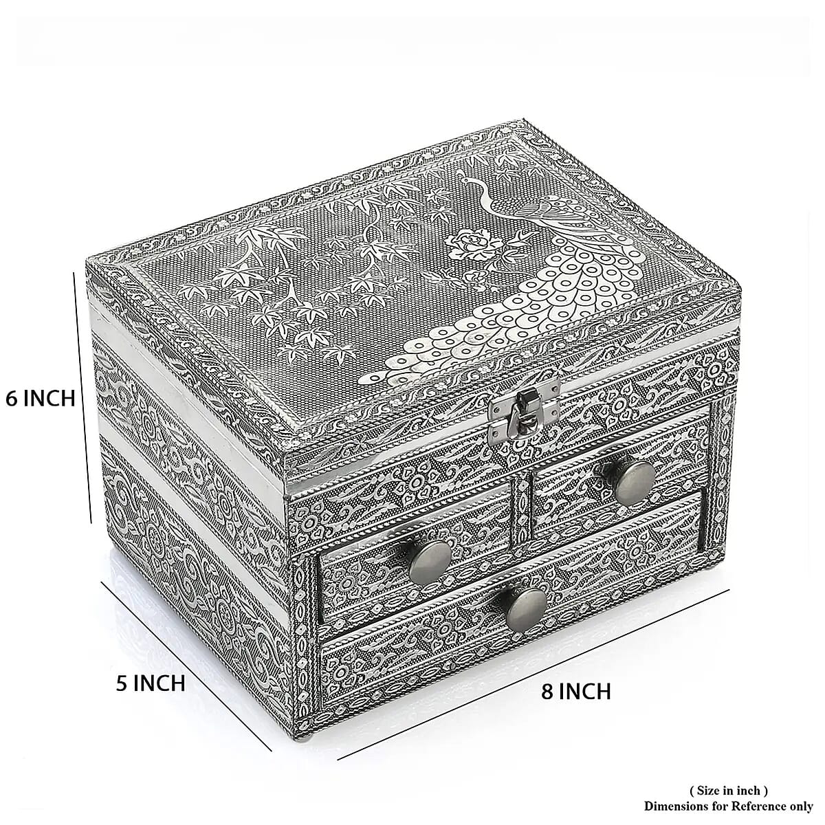 Oxidized Aluminum Peacock Embossed Grand 3 Drawer Jewelry Box image number 5