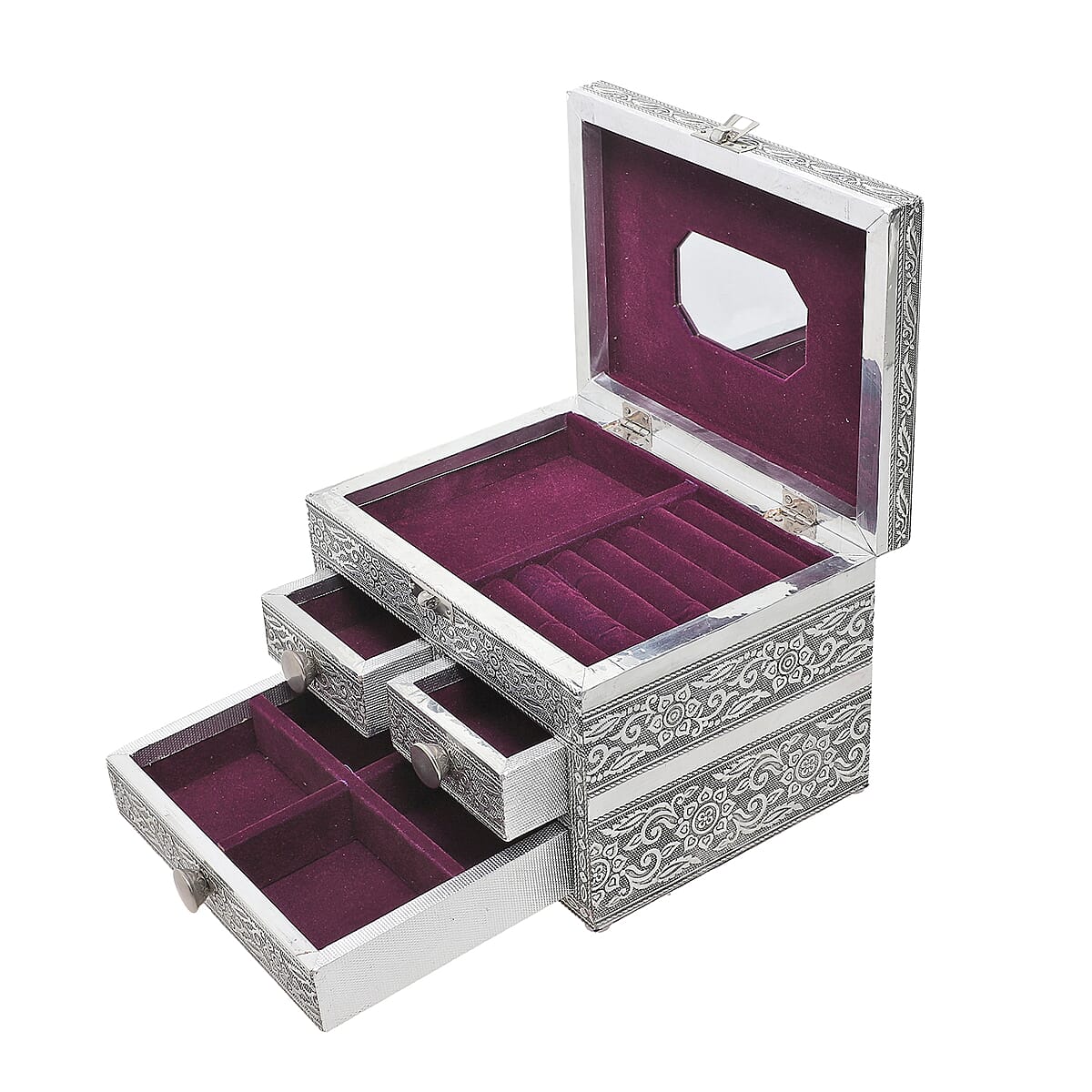 Oxidized Aluminum Peacock Embossed Grand 3 Drawer Jewelry Box image number 10