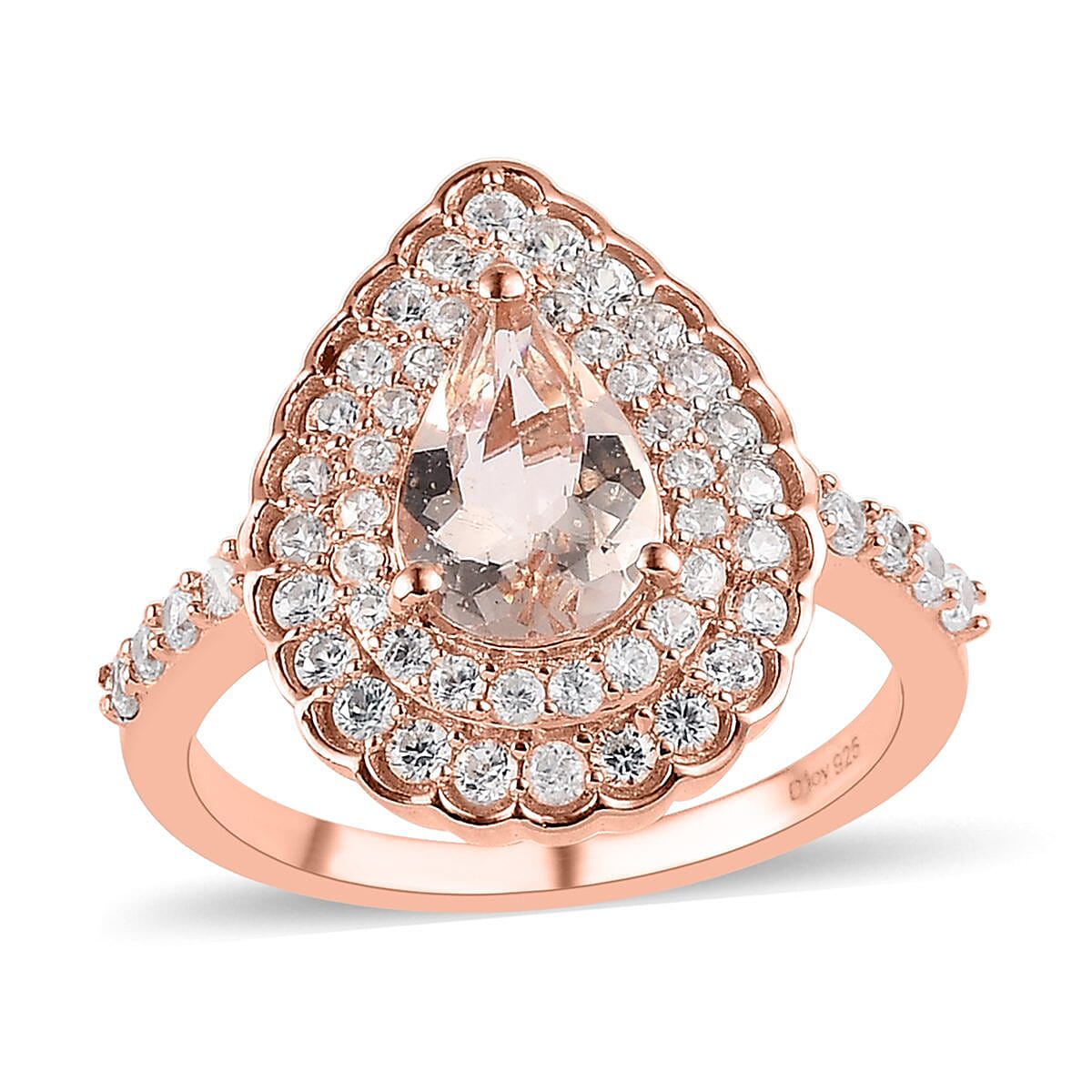 Marropino Morganite and White Zircon Double Halo Ring in Vermeil Rose Gold Over Sterling Silver (Size 10.0) 2.50 ctw