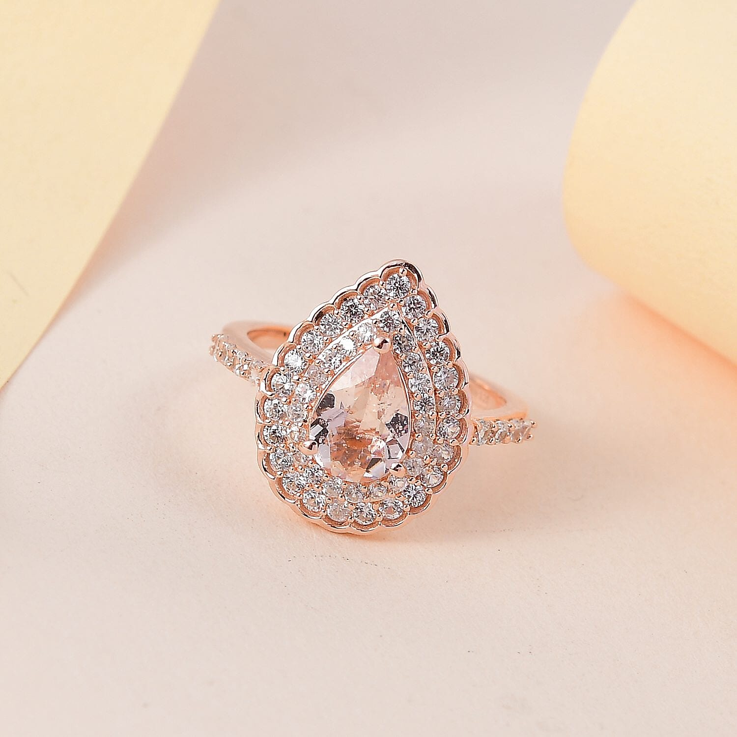 Marropino Morganite and White Zircon Double Halo Ring in Vermeil Rose Gold Over Sterling Silver (Size 10.0) 2.50 ctw