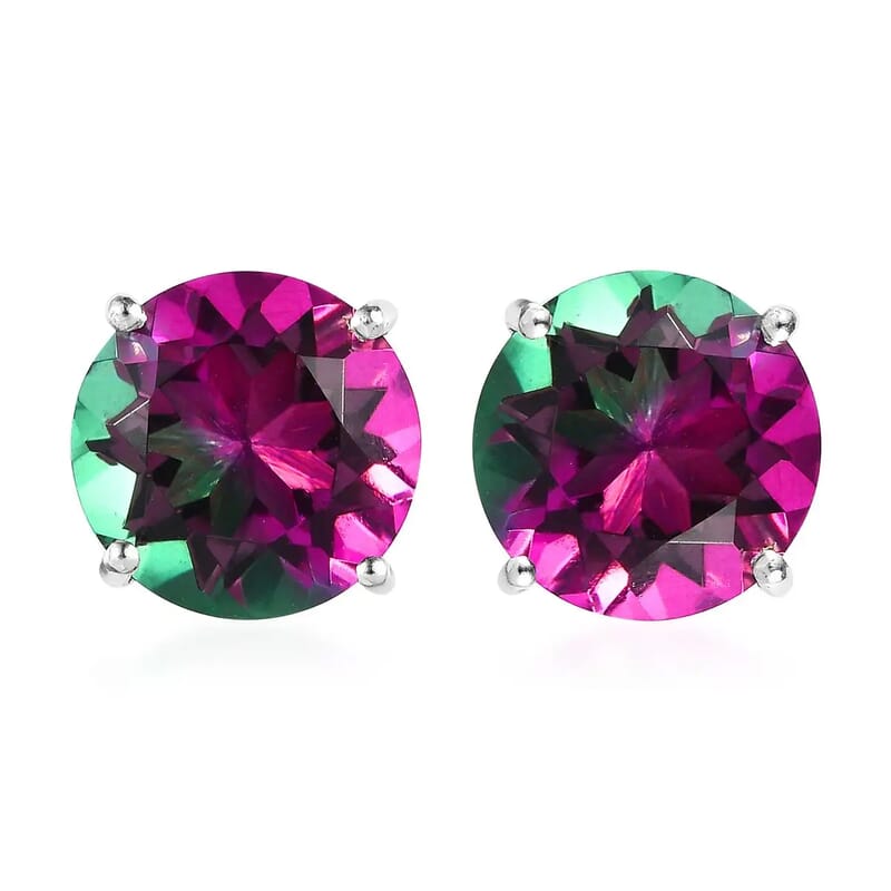 Watermelon Quartz (Triplet) Earrings, Solitaire Stud Earrings, Platinum Over Sterling Silver Earrings, Triplet Quartz Studs, Silver Studs 10.75 ctw