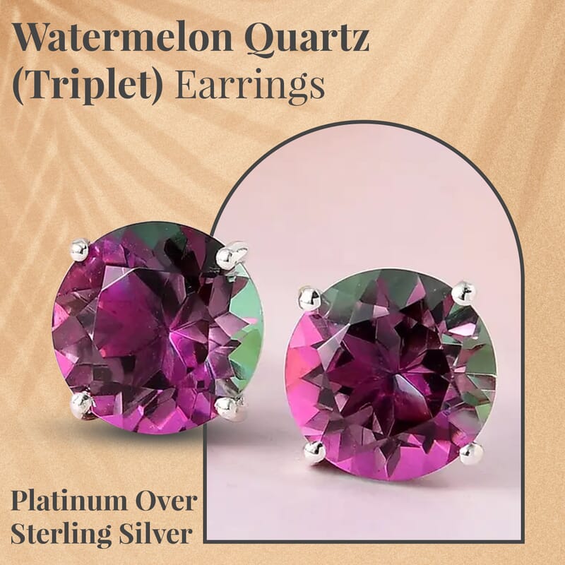 Watermelon Quartz (Triplet) Earrings, Solitaire Stud Earrings, Platinum Over Sterling Silver Earrings, Triplet Quartz Studs, Silver Studs 10.75 ctw