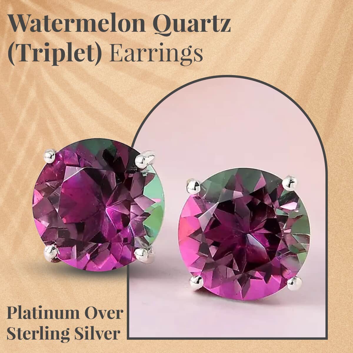 Watermelon Quartz (Triplet) Earrings, Solitaire Stud Earrings, Platinum Over Sterling Silver Earrings, Triplet Quartz Studs, Silver Studs 10.75 ctw image number 1