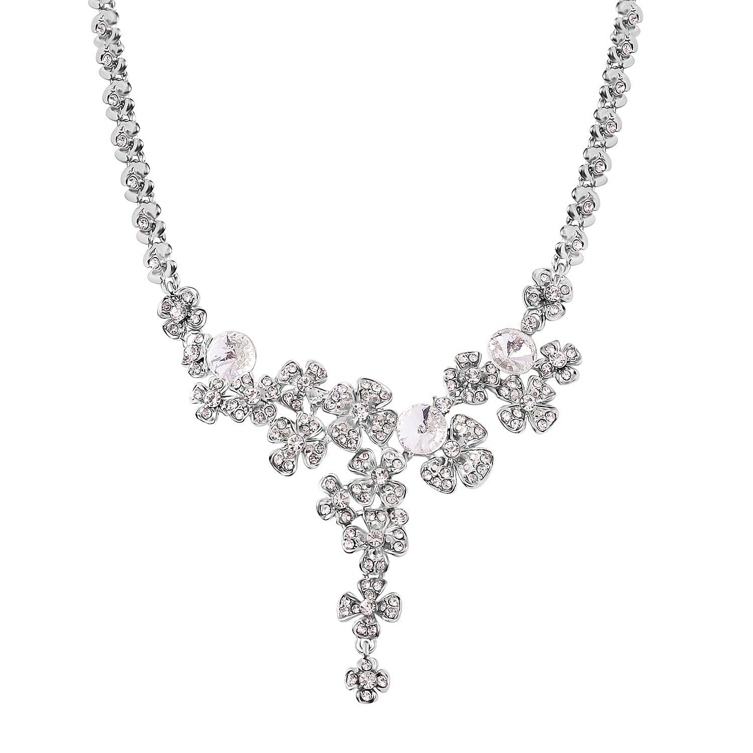 Austrian Crystal Floral Necklace 20-22 Inches in Silvertone