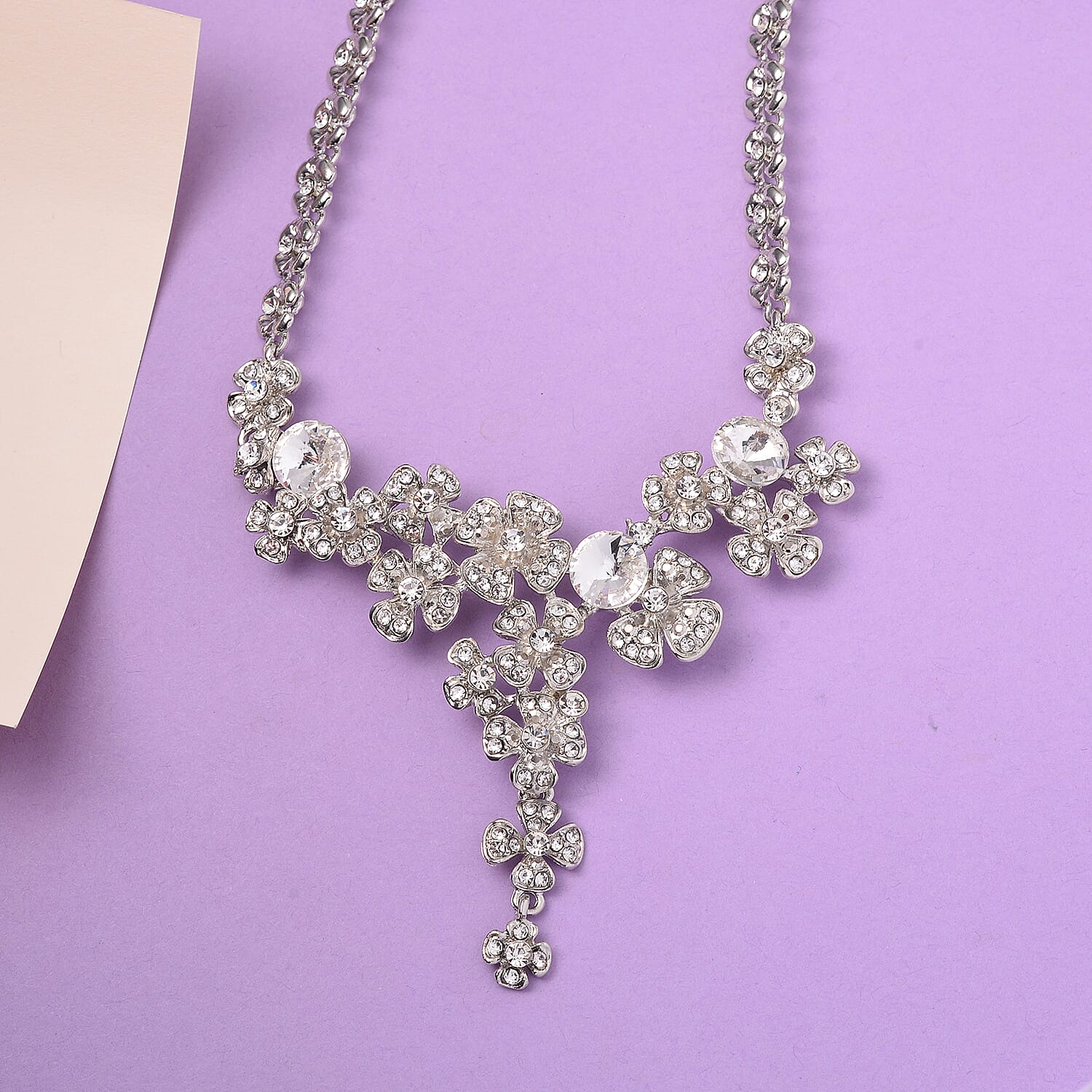 Austrian Crystal Floral Necklace 20-22 Inches in Silvertone