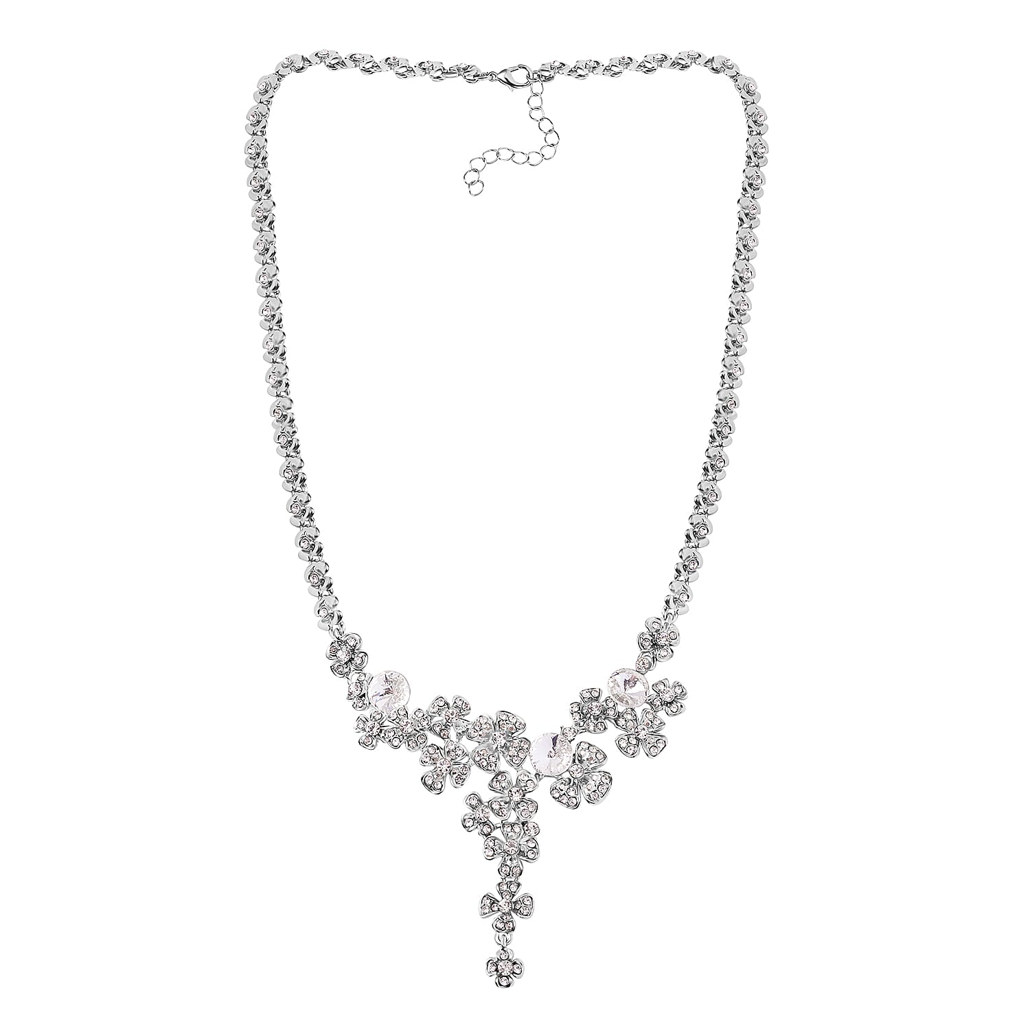 Austrian Crystal Floral Necklace 20-22 Inches in Silvertone