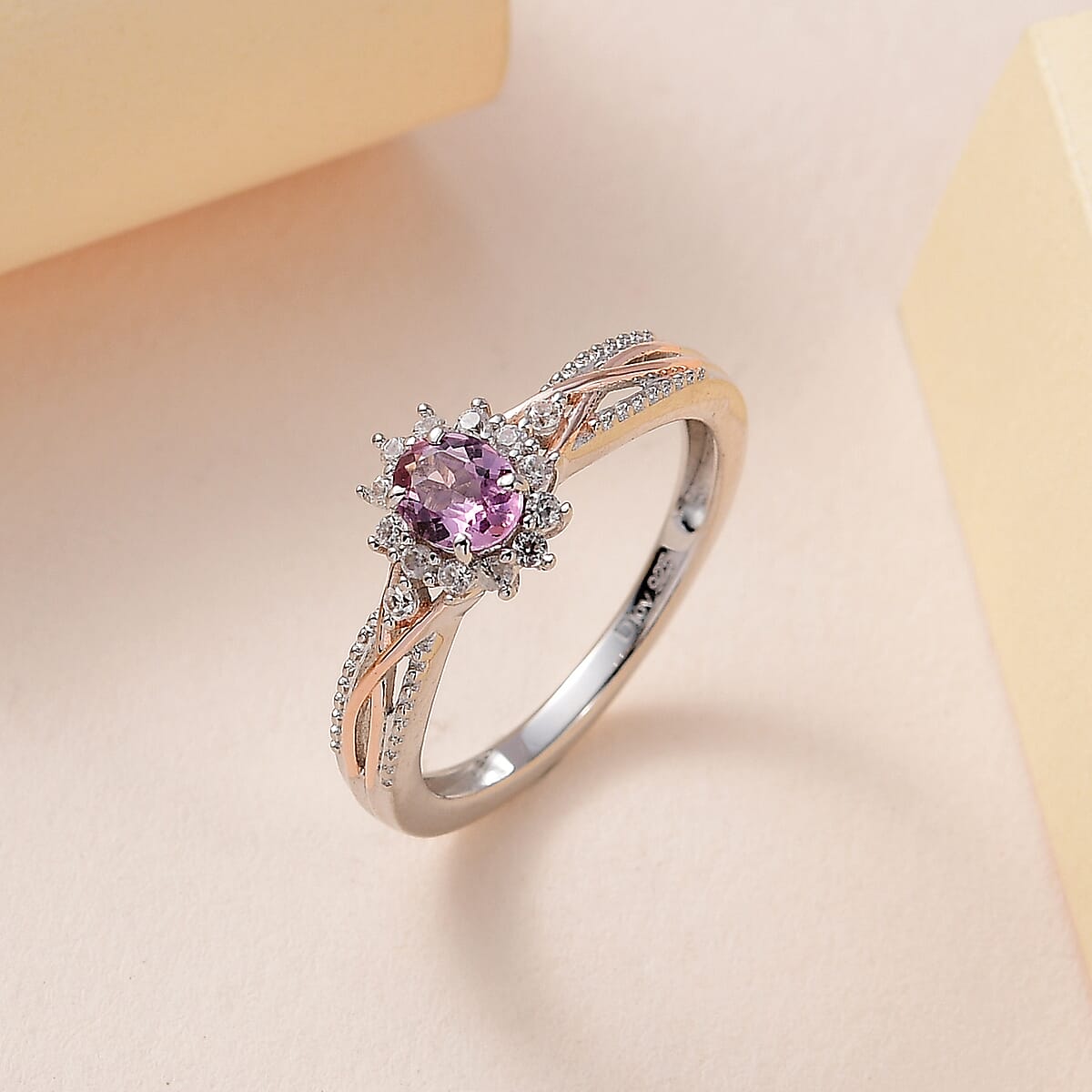 Narsipatnam Purple Spinel and White Zircon Sunburst Ring in Vermeil Rose Gold and Platinum Over Sterling Silver (Size 8.0) 0.60 ctw image number 1