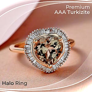 AAA Turkizite and Diamond 2.25 ctw Heart Ring in 14K Yellow Gold, Halo Ring, Diamond Ring, Wedding Rings, Engagement Ring (Size 11.5)