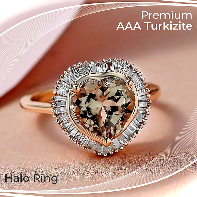 14K Yellow Gold AAA Turkizite Diamond Heart Ring, Halo Ring, Diamond Ring, Wedding Rings, Engagement Ring 2.25 ctw (Size 8.5)