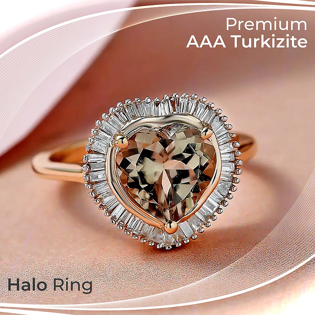 14K Yellow Gold AAA Turkizite Diamond Heart Ring, Halo Ring, Diamond Ring, Wedding Rings, Engagement Ring 2.25 ctw (Size 9.5) image number 1
