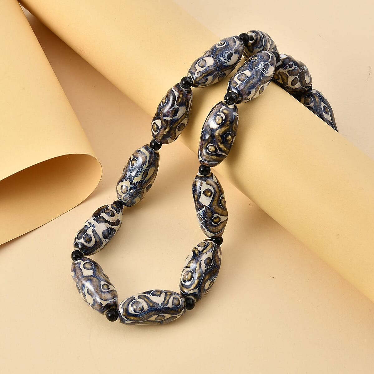Gray and Blue Color Ceramic, Black Glass Beaded Necklace 23.5-25.5 Inches in Silvertone image number 1