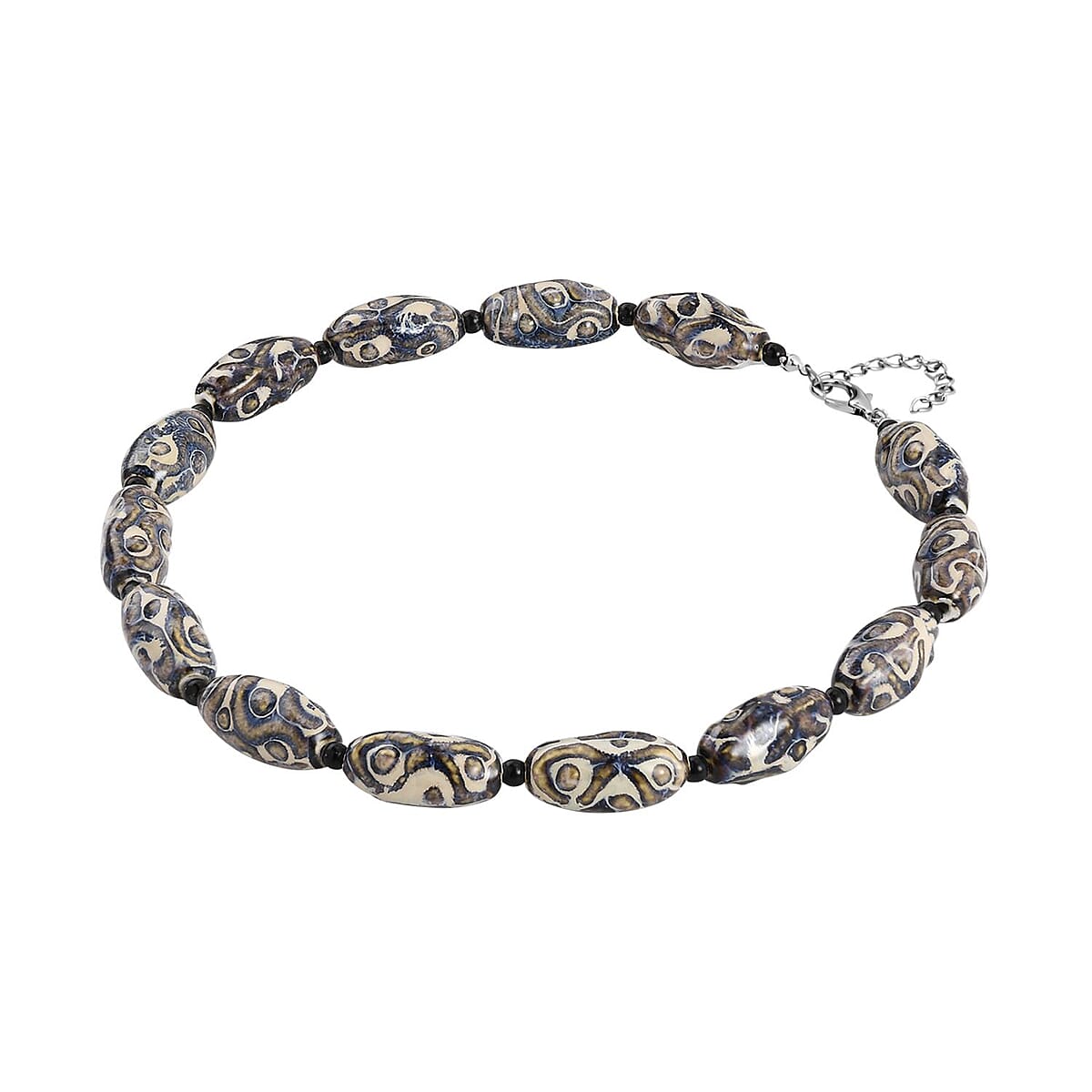 Gray and Blue Color Ceramic, Black Glass Beaded Necklace 23.5-25.5 Inches in Silvertone image number 2