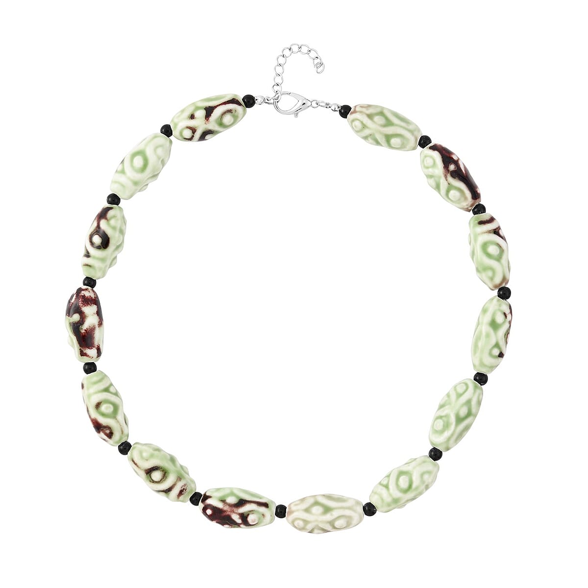 Green Color Ceramic and Black Glass Beaded Necklace in Silvertone 23.5-25.5 Inches image number 0
