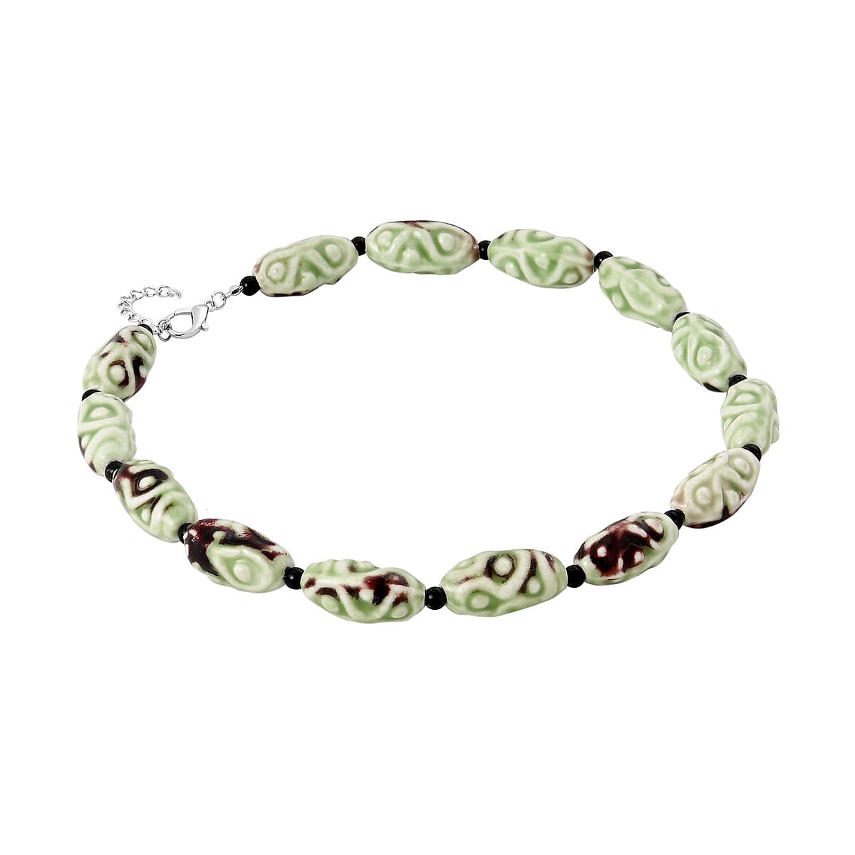 Green Color Ceramic and Black Glass Beaded Necklace in Silvertone 23.5-25.5 Inches image number 2