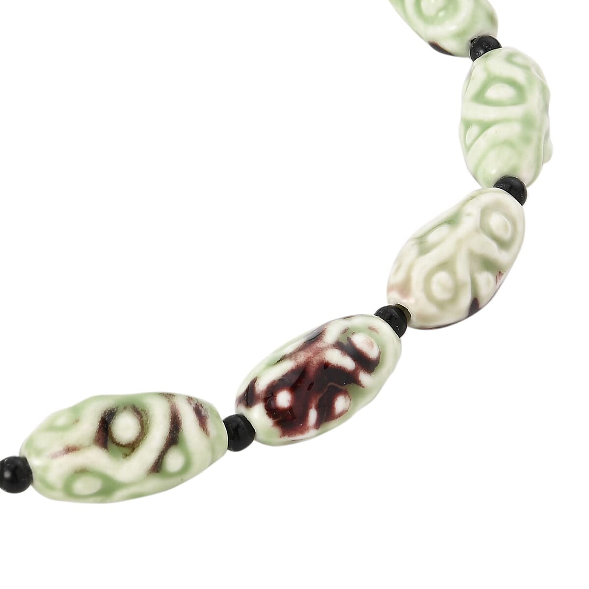 Green Color Ceramic and Black Glass Beaded Necklace in Silvertone 23.5-25.5 Inches image number 3