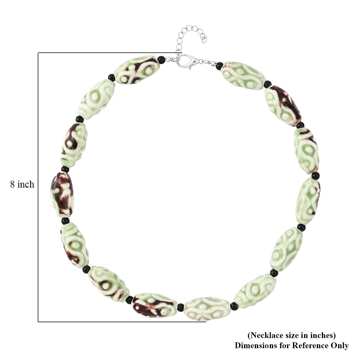 Green Color Ceramic and Black Glass Beaded Necklace in Silvertone 23.5-25.5 Inches image number 4