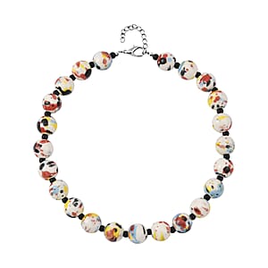 Multi Color Ceramic and Black Glass Beaded Necklace 21.5-23.5 Inches in Silvertone