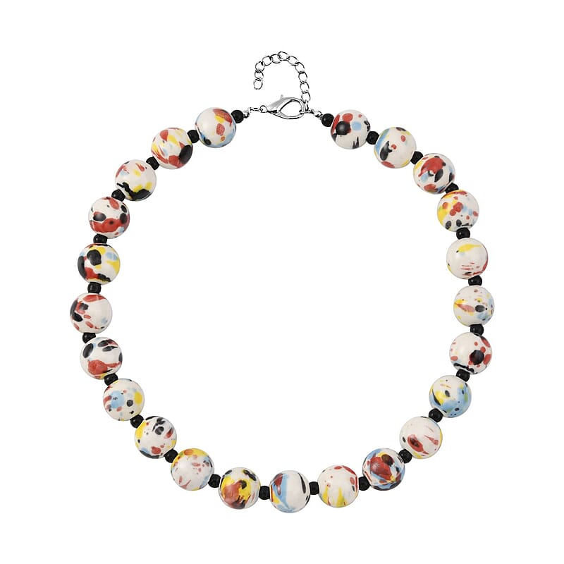 Multi Color Ceramic and Black Glass Beaded Necklace 21.5-23.5 Inches in Silvertone
