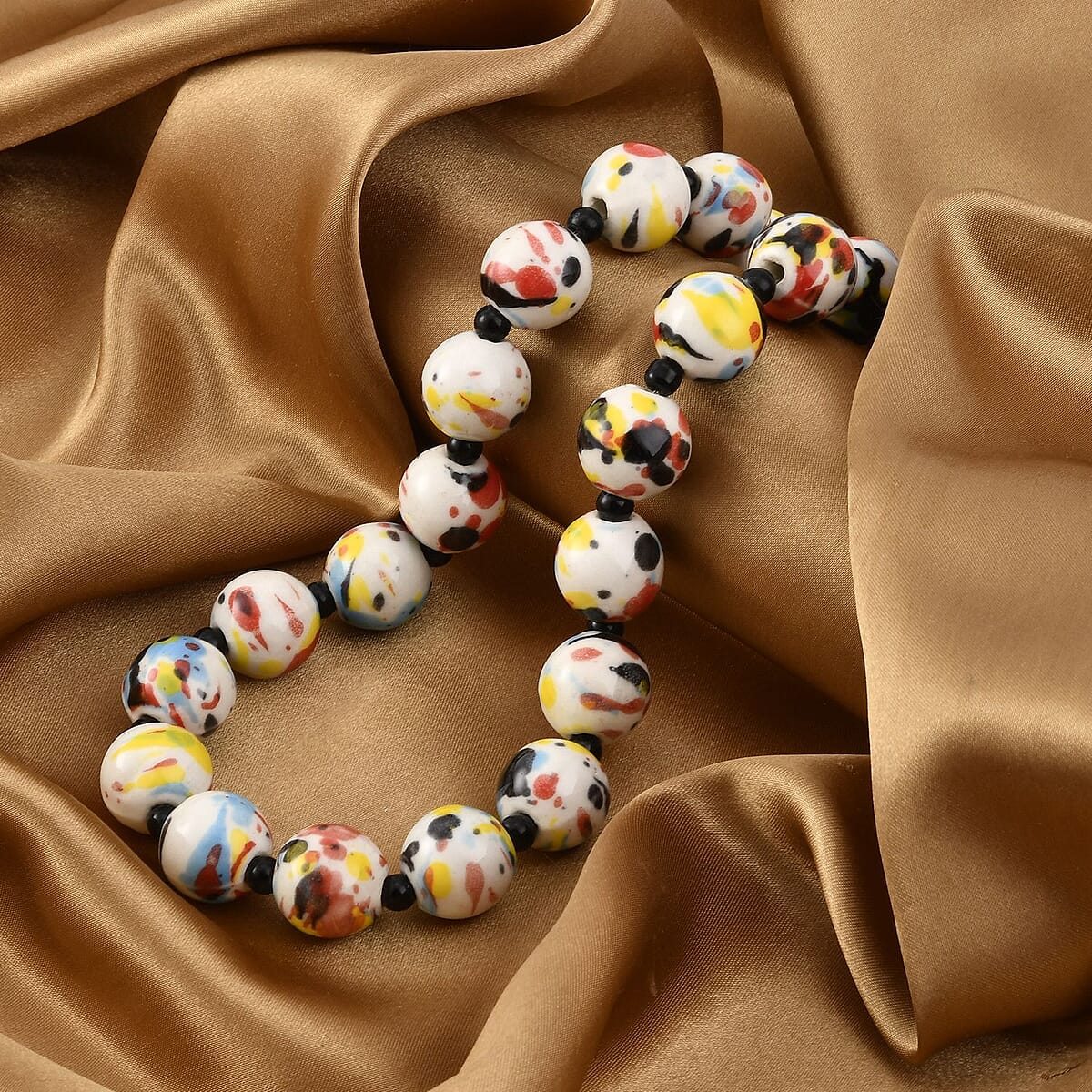 Multi Color Ceramic and Black Glass Beaded Necklace 21.5-23.5 Inches in Silvertone image number 1