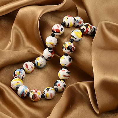 Multi Color Ceramic and Black Glass Beaded Necklace 21.5-23.5 Inches in Silvertone