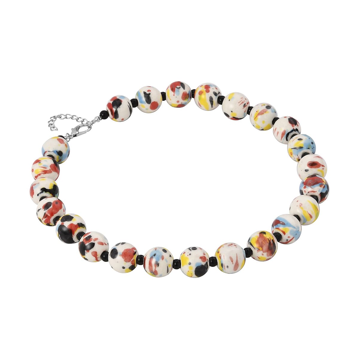 Multi Color Ceramic and Black Glass Beaded Necklace 21.5-23.5 Inches in Silvertone image number 2