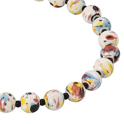 Multi Color Ceramic and Black Glass Beaded Necklace 21.5-23.5 Inches in Silvertone