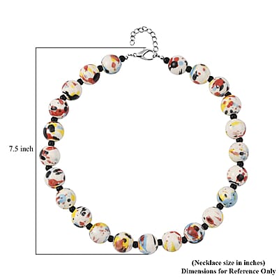 Multi Color Ceramic and Black Glass Beaded Necklace 21.5-23.5 Inches in Silvertone
