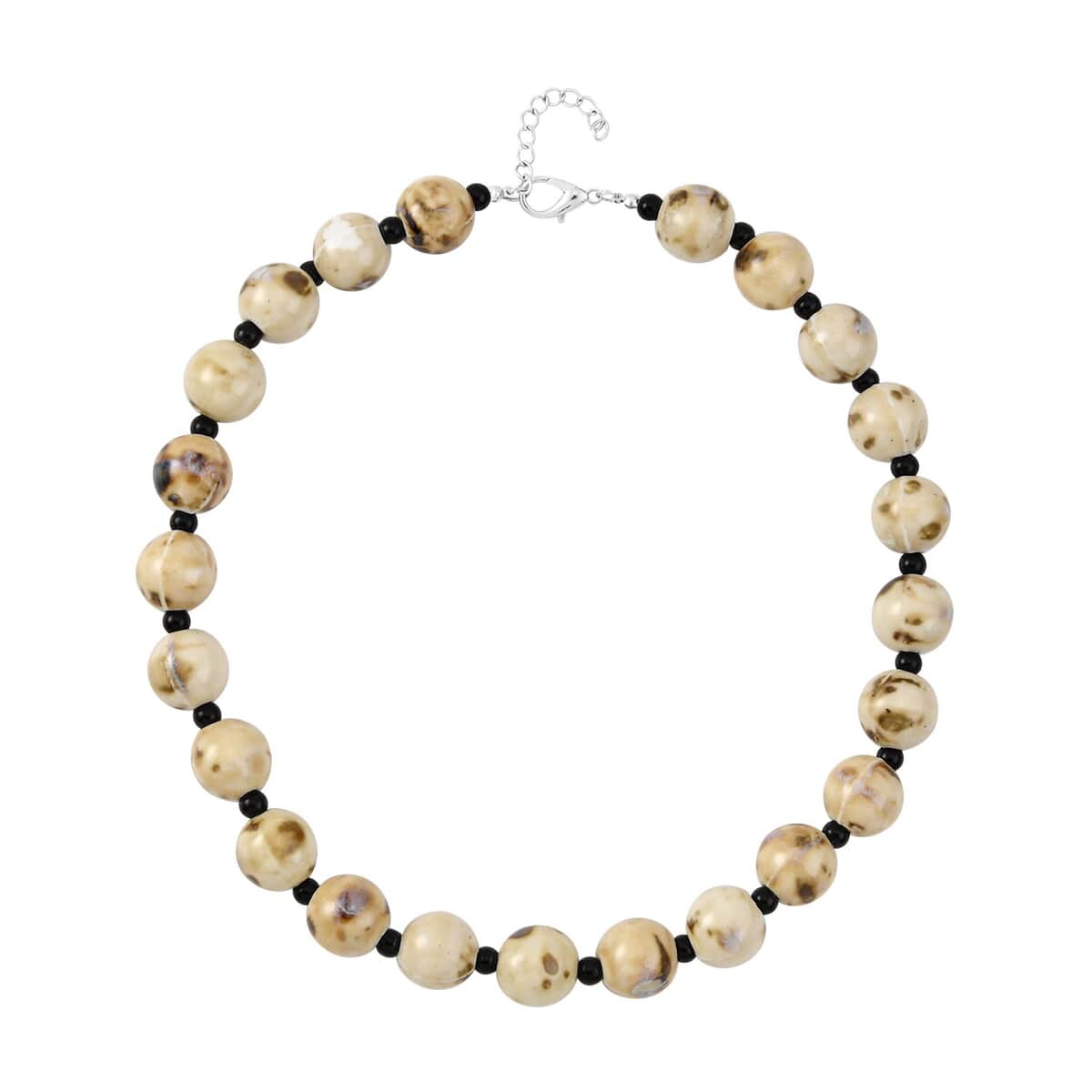 Beige Ceramic and Black Glass Beaded Necklace 21.5-23.5 Inches in Silvertone image number 0