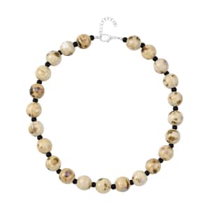 Beige Ceramic and Black Glass Beaded Necklace 21.5-23.5 Inches in Silvertone