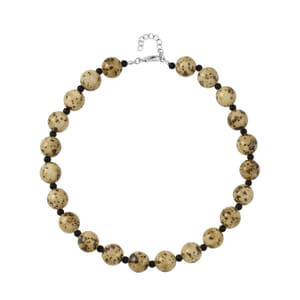 Yellow Color Ceramic and Black Glass Beaded Necklace 21.5-23.5 Inches in Silvertone