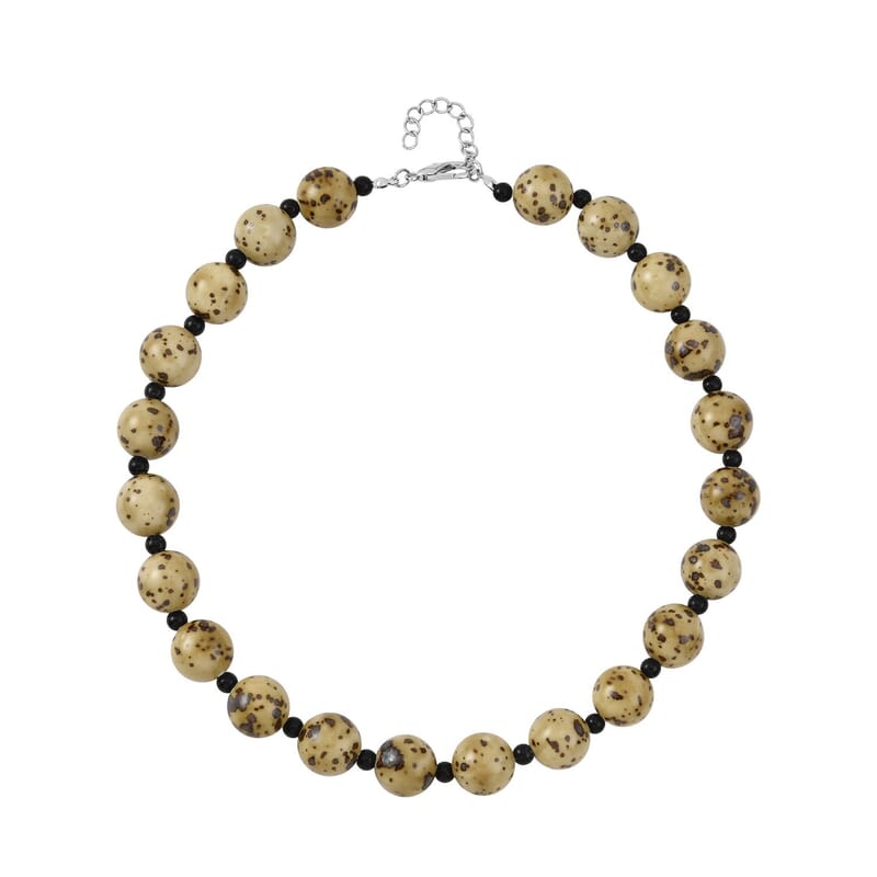 Yellow Color Ceramic and Black Glass Beaded Necklace 21.5-23.5 Inches in Silvertone