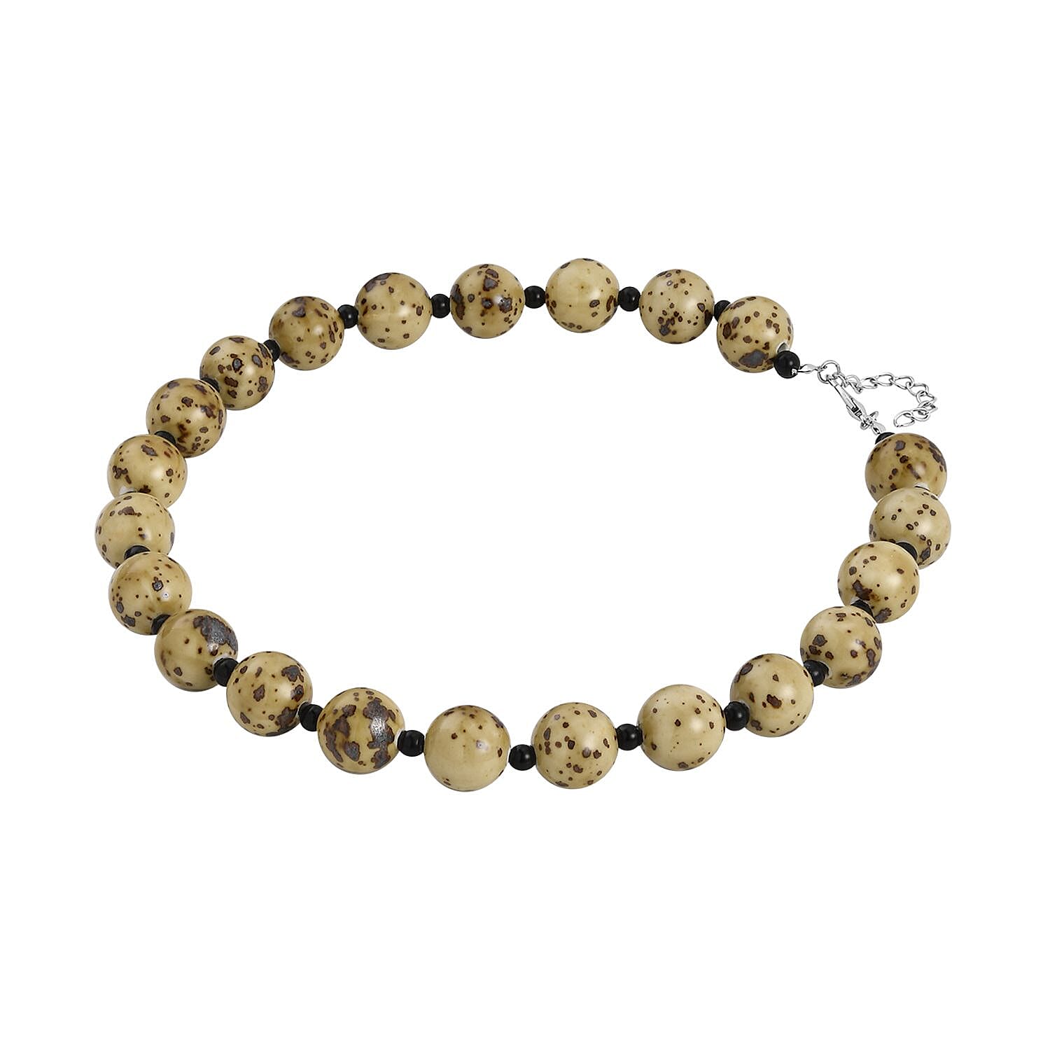 Yellow Color Ceramic and Black Glass Beaded Necklace 21.5-23.5 Inches in Silvertone