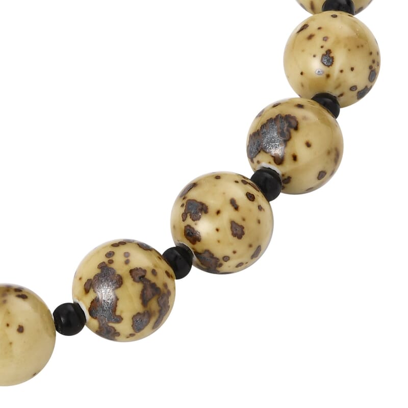 Yellow Color Ceramic and Black Glass Beaded Necklace 21.5-23.5 Inches in Silvertone