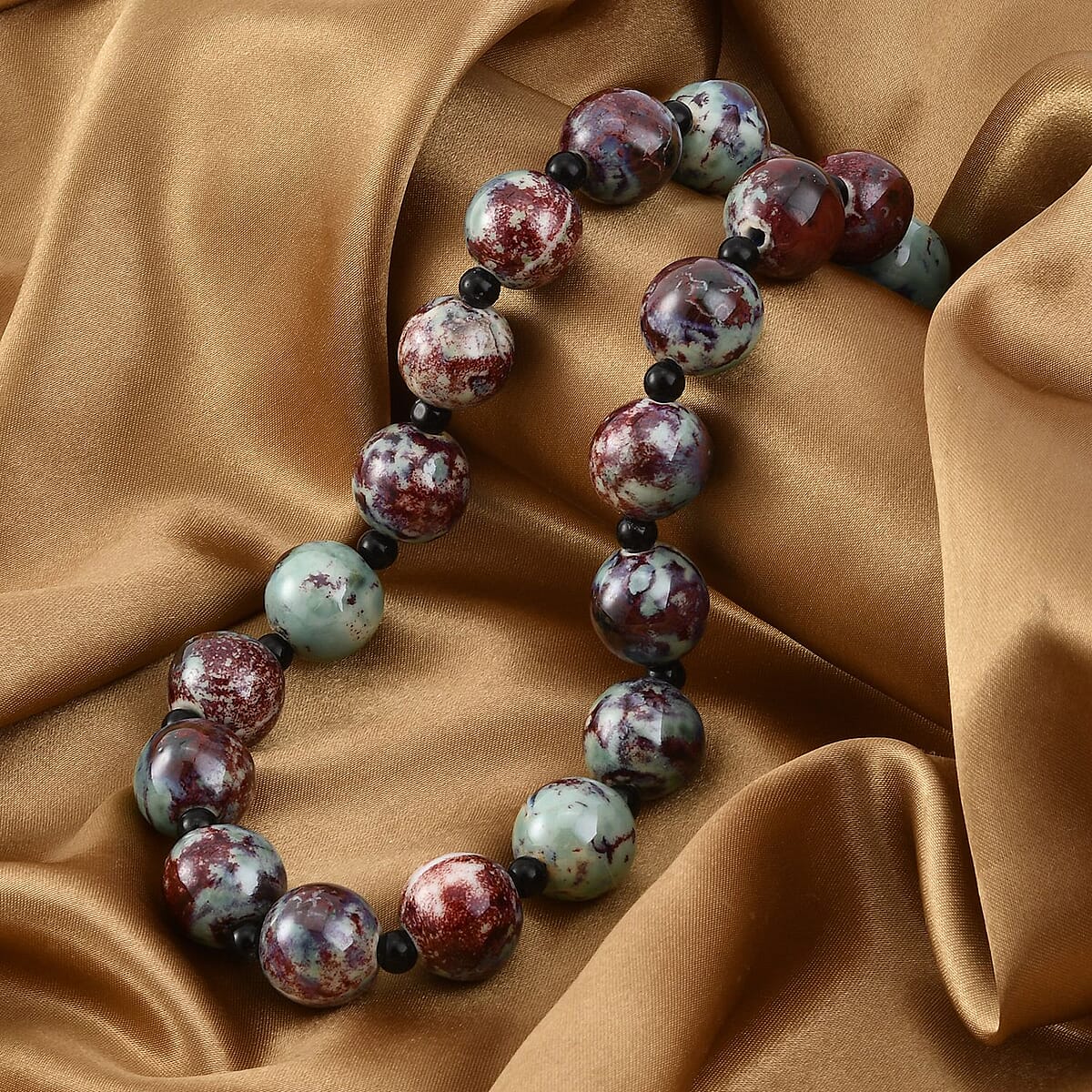 Red and Blue Ceramic and Black Glass Beaded Necklace 21.5-23.5 Inches in Silvertone image number 1