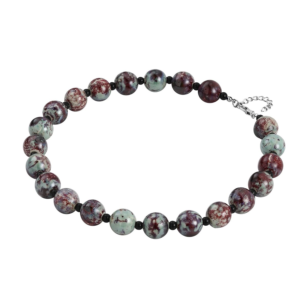 Red and Blue Ceramic and Black Glass Beaded Necklace 21.5-23.5 Inches in Silvertone image number 2