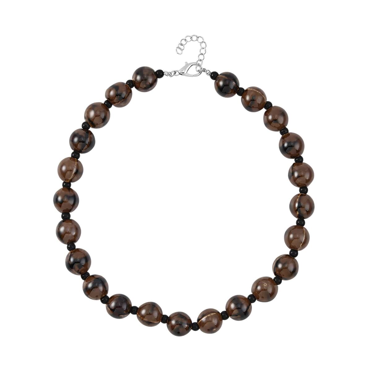 Brown Color Ceramic and Black Glass Beaded Necklace 21.5-23.5 Inches in Silvertone image number 0