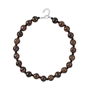 Brown Color Ceramic and Black Glass Beaded Necklace 21.5-23.5 Inches in Silvertone