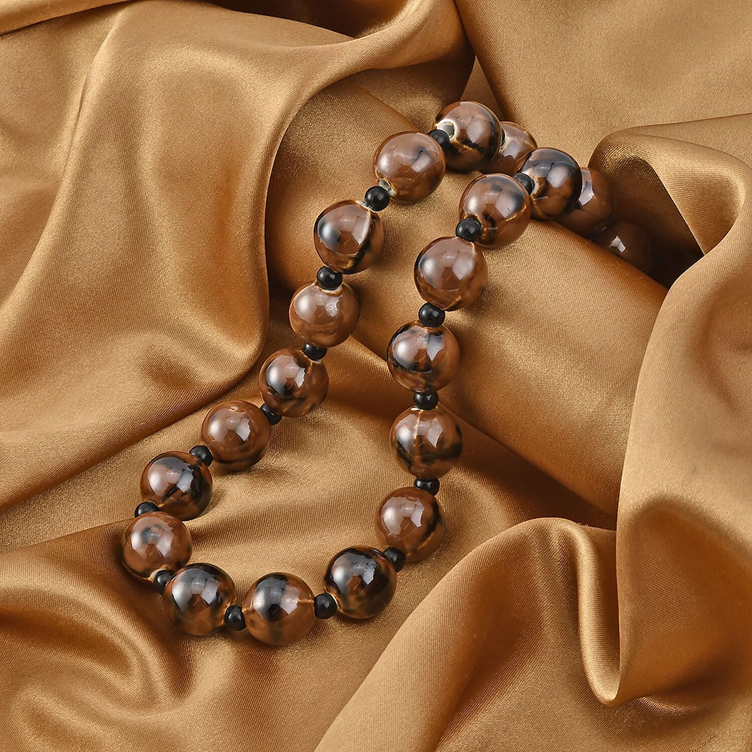 Brown Color Ceramic and Black Glass Beaded Necklace 21.5-23.5 Inches in Silvertone