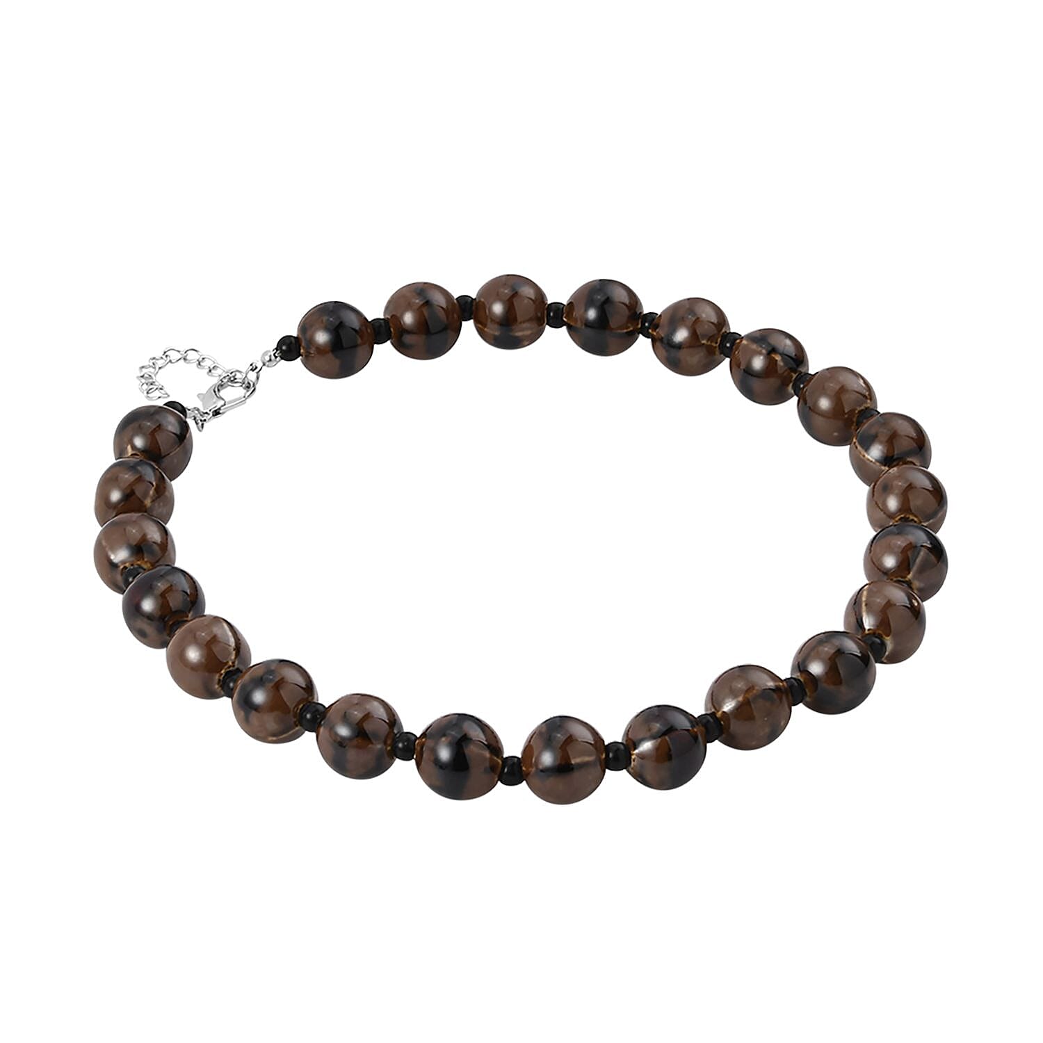 Brown Color Ceramic and Black Glass Beaded Necklace 21.5-23.5 Inches in Silvertone