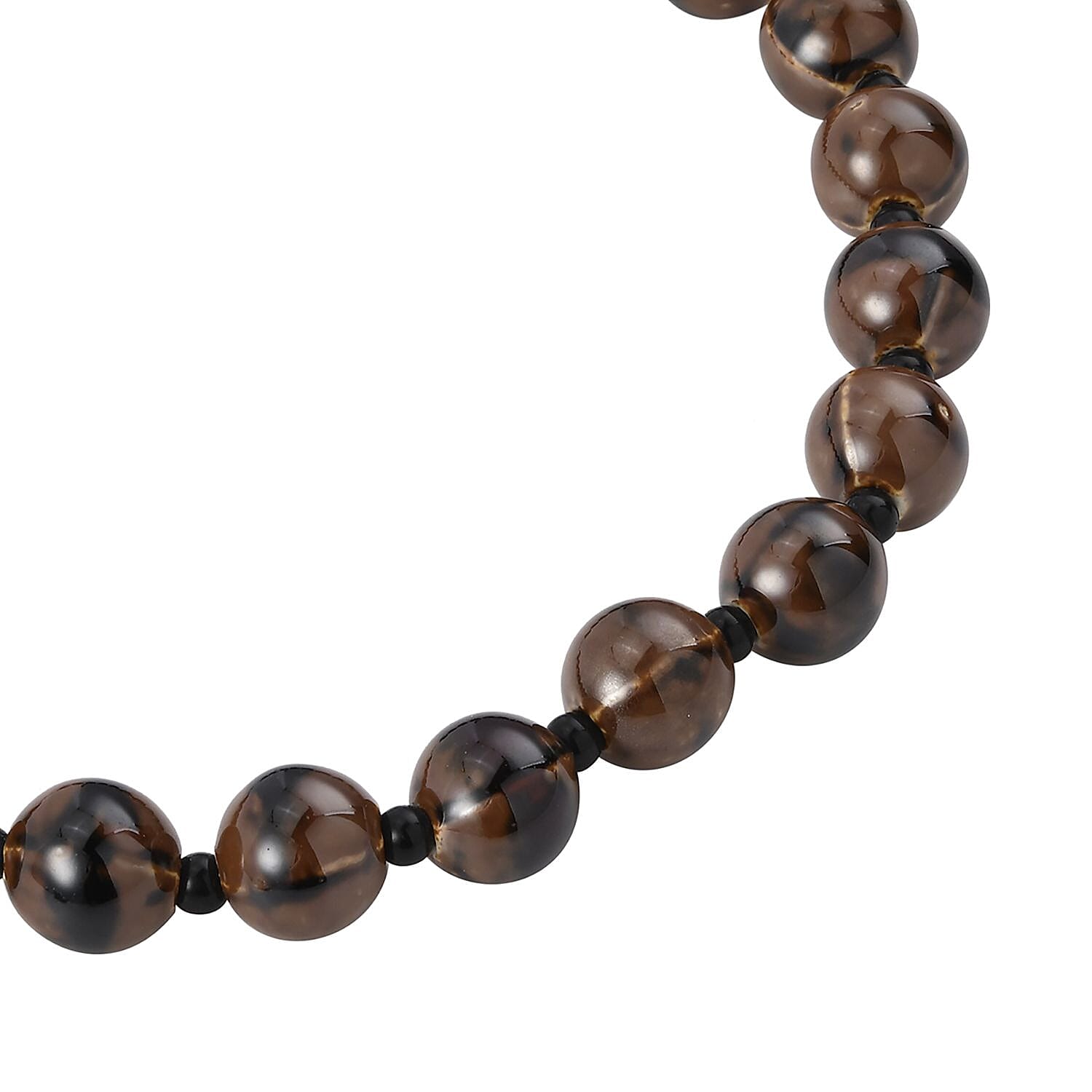 Brown Color Ceramic and Black Glass Beaded Necklace 21.5-23.5 Inches in Silvertone