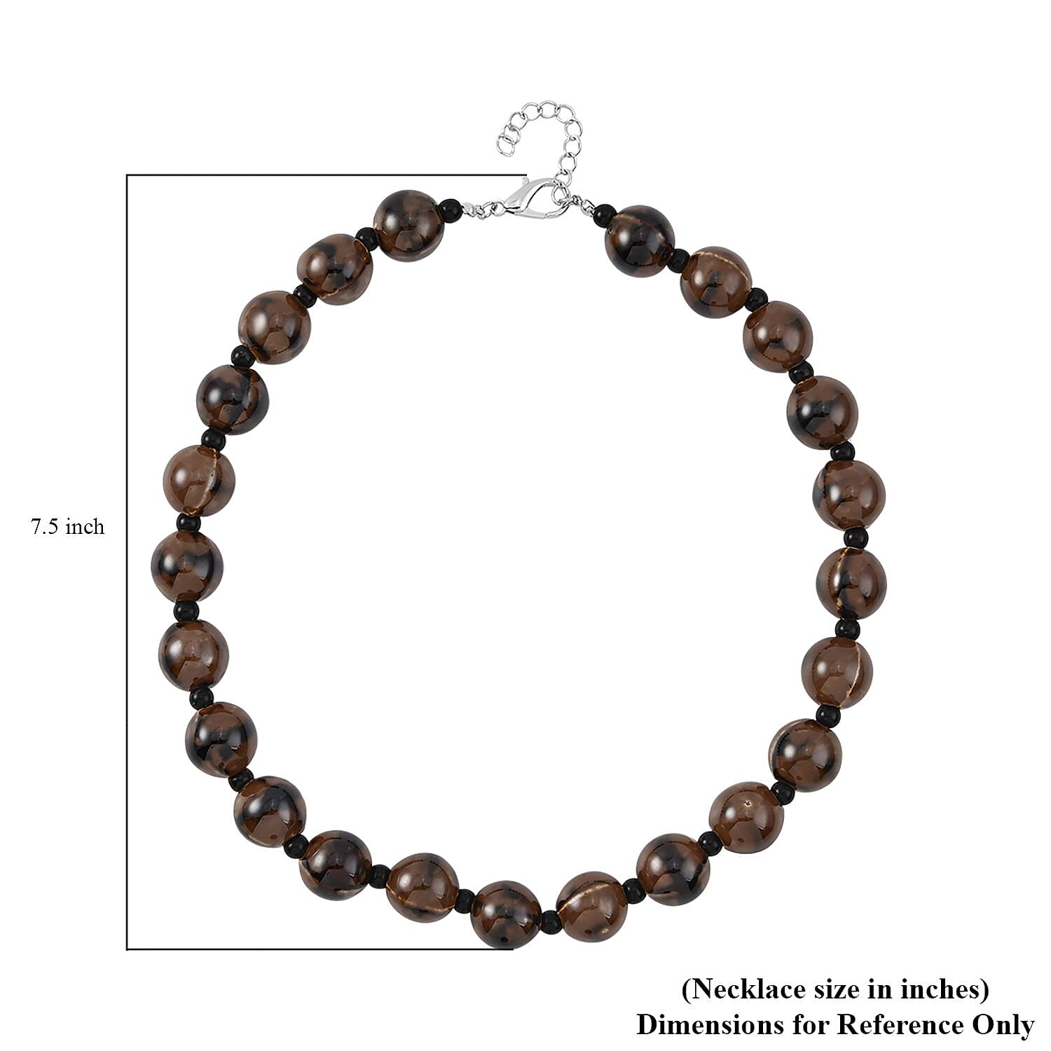 Brown Color Ceramic and Black Glass Beaded Necklace 21.5-23.5 Inches in Silvertone