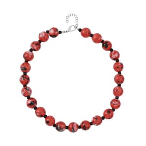 Red Color Ceramic and Black Glass Beaded Necklace 21.5-23.5 Inches in Silvertone