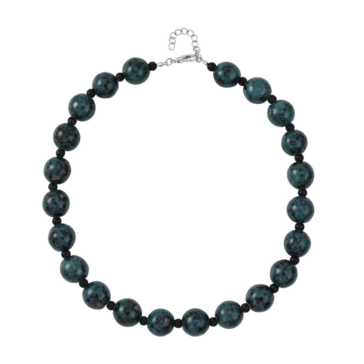 Green Color Ceramic and Black Glass Beaded Necklace 21.5-23.5 Inches in Silvertone image number 0