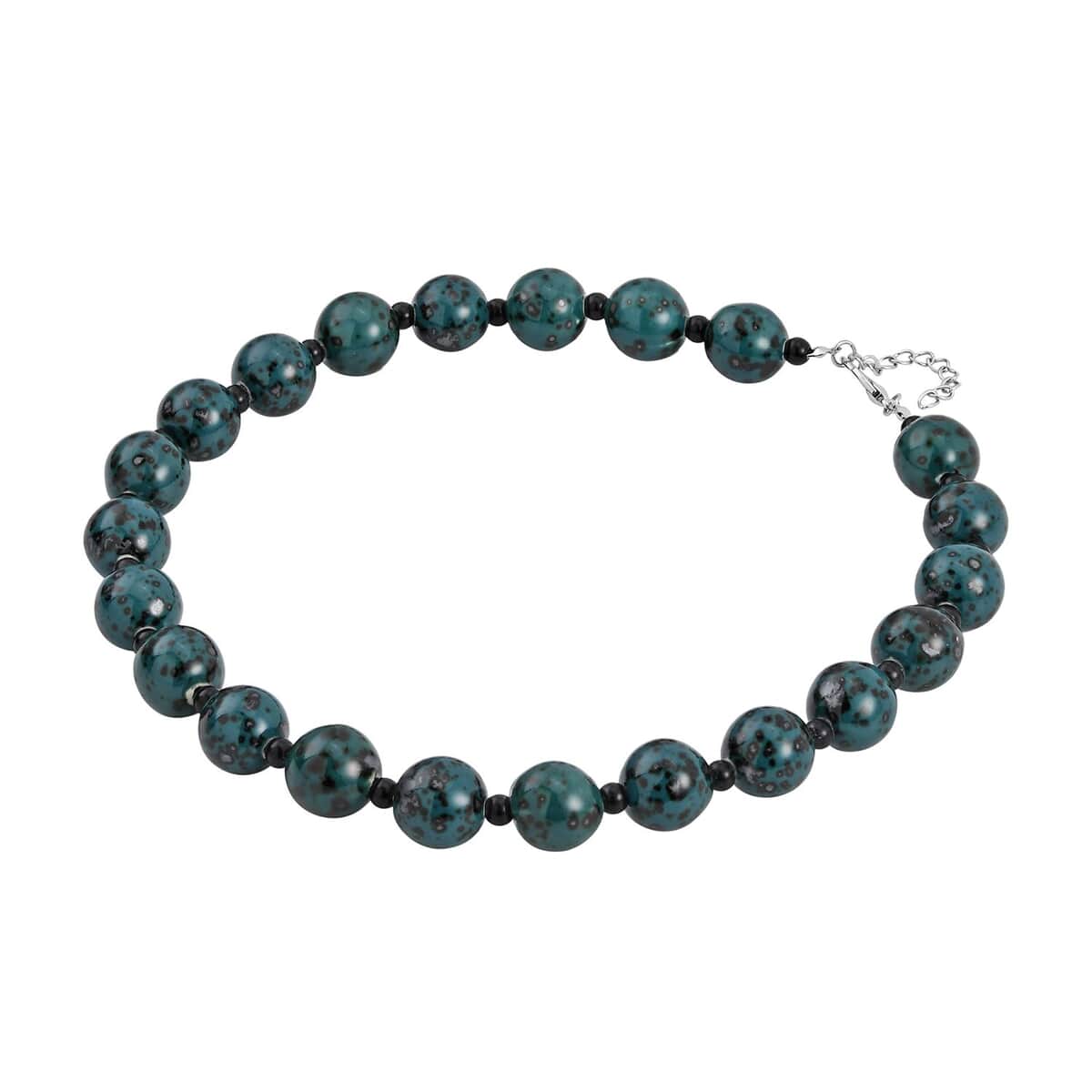 Green Color Ceramic and Black Glass Beaded Necklace 21.5-23.5 Inches in Silvertone image number 2