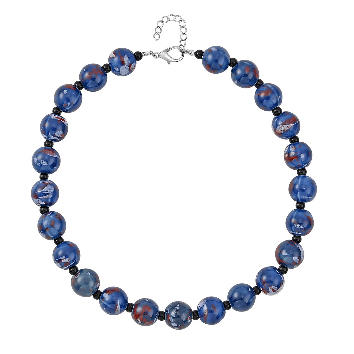 Blue Color Ceramic and Black Glass Beaded Necklace 21.5-23.5 Inches in Silvertone image number 0