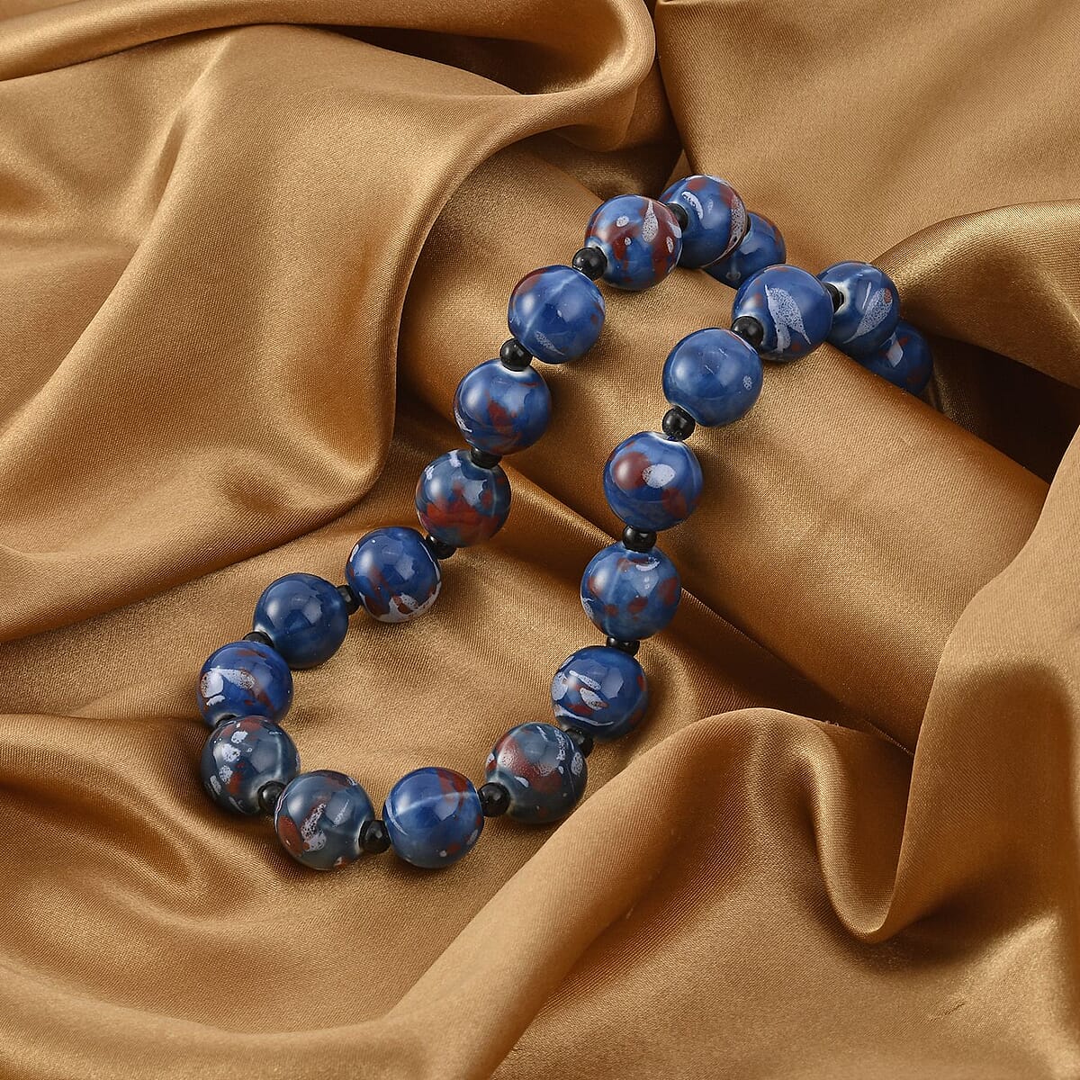 Blue Color Ceramic and Black Glass Beaded Necklace 21.5-23.5 Inches in Silvertone image number 1